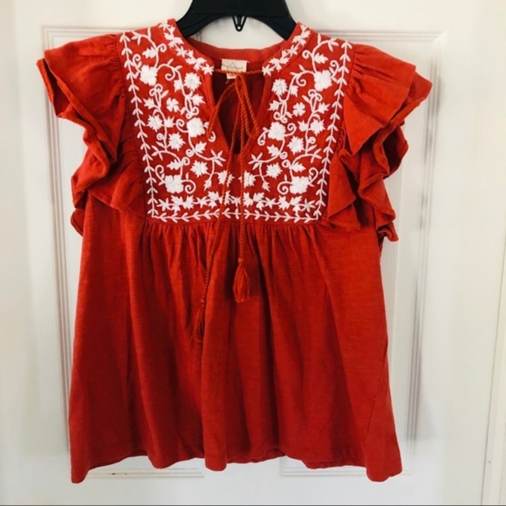 NWOT KEEP IN TOUCH burnt orange cotton embroidered ruffle tassel shirt SZ medium